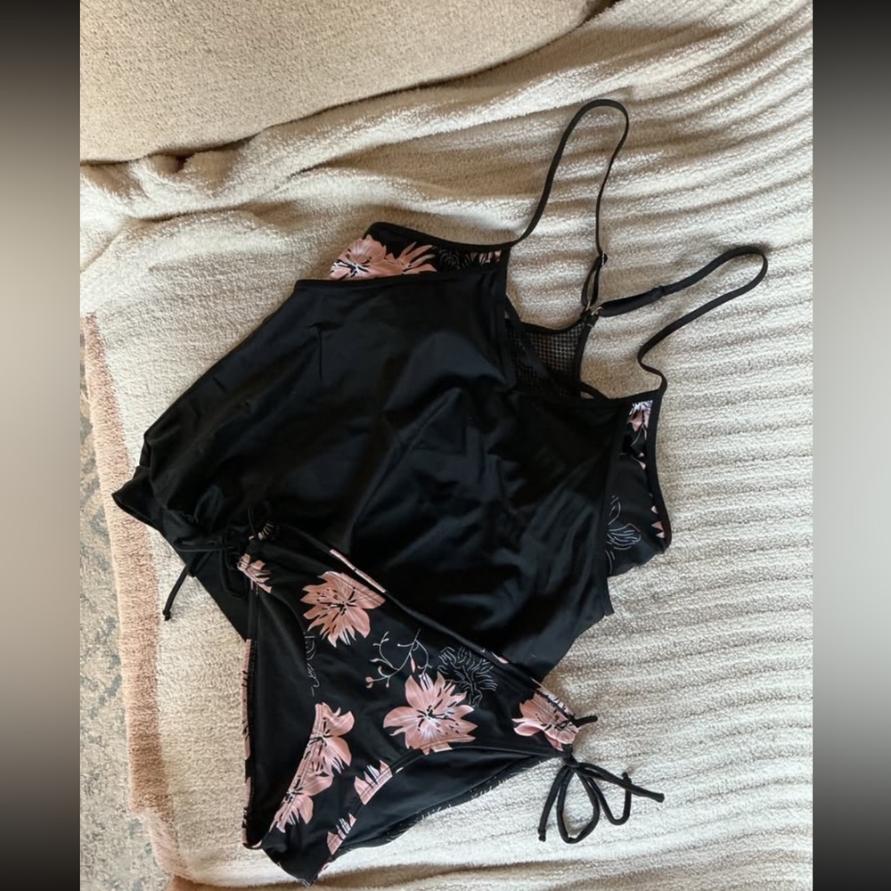 DOKOTOO Black Floral Two-Piece Tankini Swimsuit Set with Pink Blossoms
